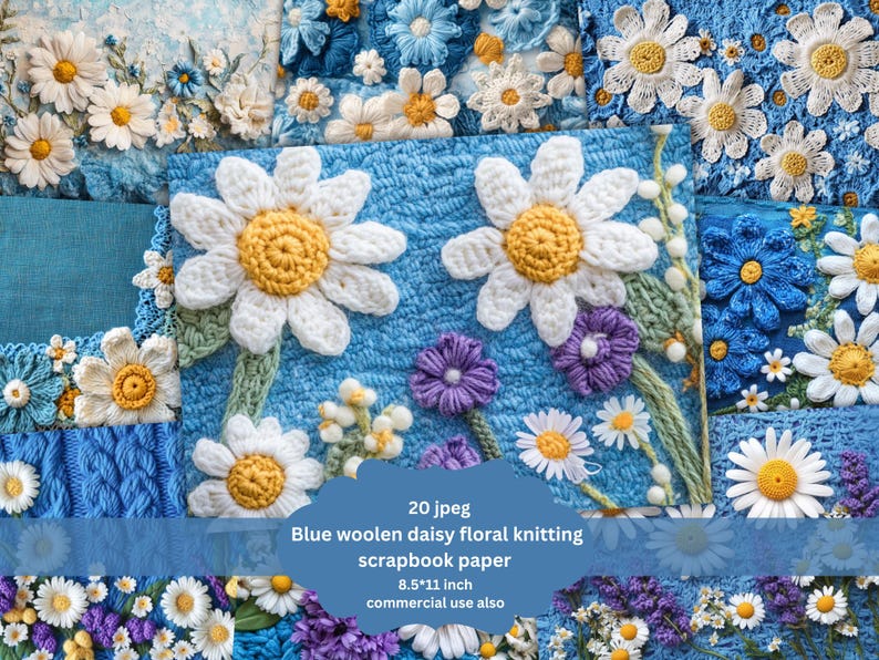 Boho Blue Floral Pattern Digital Paper Faux Embroidered Fall Floral ...
