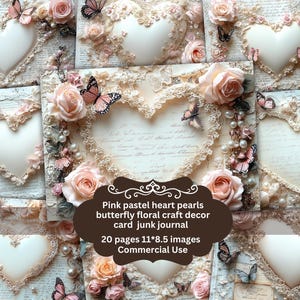 Pastel pink heart scrapbook Junk Journal card | Printable Kit | Elegant Pink Lace Pearls butterfly Hearts | Shabby Chic card | celebratory