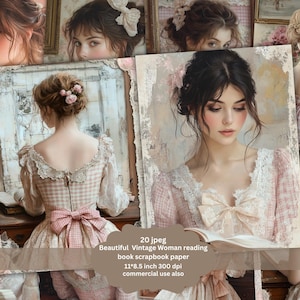 May include: A digital collage of vintage-style images featuring women in various poses. The images are set against a background of delicate floral patterns and lace. The collage includes text that reads "20 jpeg Beautiful Vintage Woman reading book scrapbook paper 11*8.5 inch 300 dpi commercial use also".