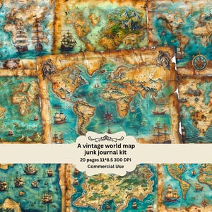 Vintage Piraten Aquarell Map Tear Seiten für Ihre Junk Journals, alte Handschrift, Ephemera Pack, Travel Cover, Scrapbook, Collage Scraps