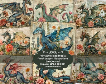 Floral Dragon Junk Journal Kit Fantasy Journal Pages Printable Collage Sheet Dragons Digital Paper for Scrapbooking Fantastic Shabby kit