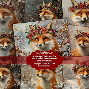 Christmas vintage fox , whimsical junk journal pages, unique printable ephemera for scrapbooking and card making, Christmas collage supplies