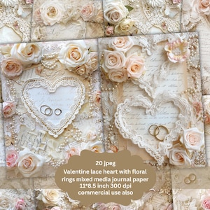 JPEG’s white lace heart Romantic Junk Journal , Printable Kit , Elegant Pink Gold Lace Pearls Hearts , Shabby Chic , Valentines Junk Journal