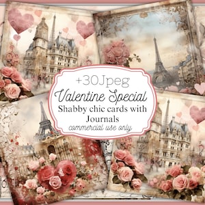 Páginas de tarjetas Shabby Chic con rosas y París para álbumes de recortes y diarios basura, papel vintage, papel imprimible digital, flores antiguas, San Valentín