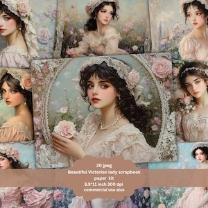 Victorian Lady with flowers Junk Journal Pages JPG, Journaling Kit, Pirntable Ephemera, Vintage Women Collage, Scrapbooking Paper