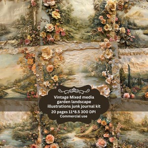 Puede incluir: Un kit de collage digital con 20 páginas de ilustraciones vintage de paisajes de jardín con adornos florales. El kit es perfecto para el diario de chatarra e incluye imágenes de 11x8,5 pulgadas a 300 DPI. Se permite el uso comercial.