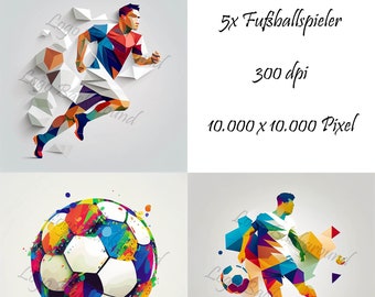 5x Sport Motiv, Logo Fußball, hochauflösende JPGs, 300 dpi, Polygon, Aquarell Stil, minimalistisch, farbig, digital download soccer clipart