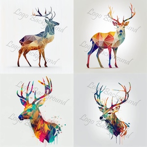 5x motivo di cervo poligonale, logo animali, JPG ad alta risoluzione, 300 dpi, poligono, stile acquerello, minimalista, colorato, download digitale, icona