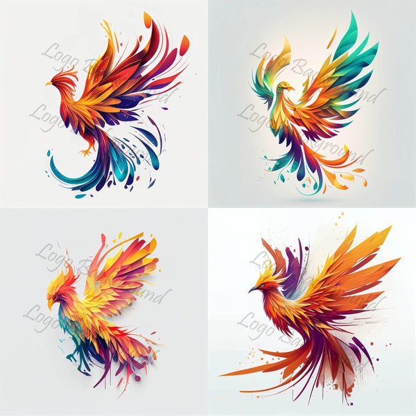 4x polygon phoenix motif, logo animals, high-resolution JPGs, 300 dpi, polygon, watercolor style, minimalist, digital download, icon, fantasy