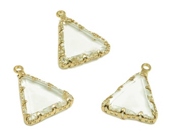 Faceted Glass Triangle Earring Charm / Brass Frame Geometric Pendant / Gold Tone Plated Brass / Triangle Earring and Pendant / DIY 20*16mm