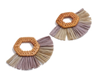 Handwoven Rattan Raffia Tassels Earrings / Handmade Rattan Hexagon Earrings / Wooden Straw Fan Earrings and Pendant / Handmade DIY 88*67mm