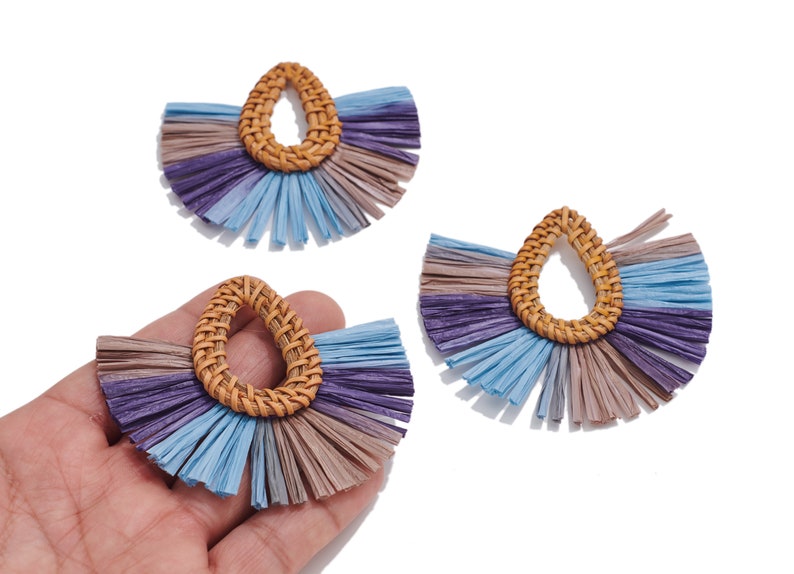 Handwoven Rattan Raffia Tassels Earrings / Handmade Rattan Drop Earrings / Wooden Straw Fan Earrings and Pendant / Handmade DIY 7671mm image 4