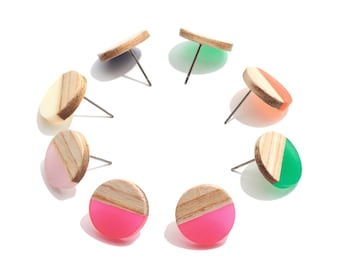 Plain Wood Round Earring Stud / Circle Colorful Earring Post / Resin Splicing Earring Stud / Stainless Steel Earring Post / DIY 15*15mm