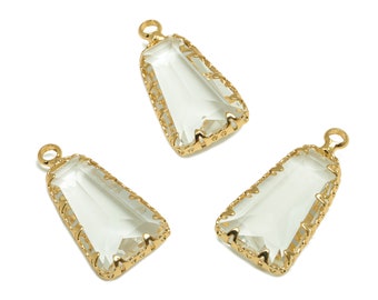 Faceted Crystal Trapezoid Earring Charm / Brass Frame Geometric Pendant / Gold Tone Plated Brass / Trapezoid Earring and Pendant / 24*12mm
