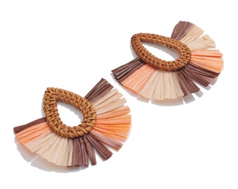Handwoven Rattan Raffia Tassels Earrings / Handmade Rattan Drop Earrings / Wooden Straw Fan Earrings and Pendant / Handmade DIY 73*71mm