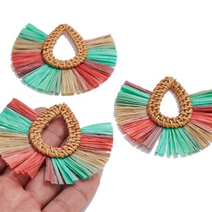 Handwoven Rattan Raffia Tassels Earrings / Handmade Rattan Drop Earrings / Wooden Straw Fan Earrings and Pendant / Handmade DIY 7671mm image 2