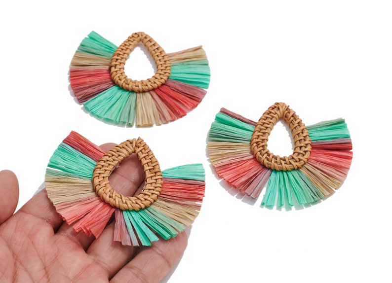 Handwoven Rattan Raffia Tassels Earrings / Handmade Rattan Drop Earrings / Wooden Straw Fan Earrings and Pendant / Handmade DIY 7671mm image 2