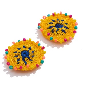 Handmade Crochet Earrings Charm / Knit Weaving Earring / with Beads / Boho Charm / Yellow Flower Earrings Beaded / Handmade DIY 3737mm image 1