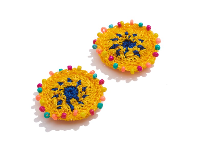 Handmade Crochet Earrings Charm / Knit Weaving Earring / with Beads / Boho Charm / Yellow Flower Earrings Beaded / Handmade DIY 3737mm image 1