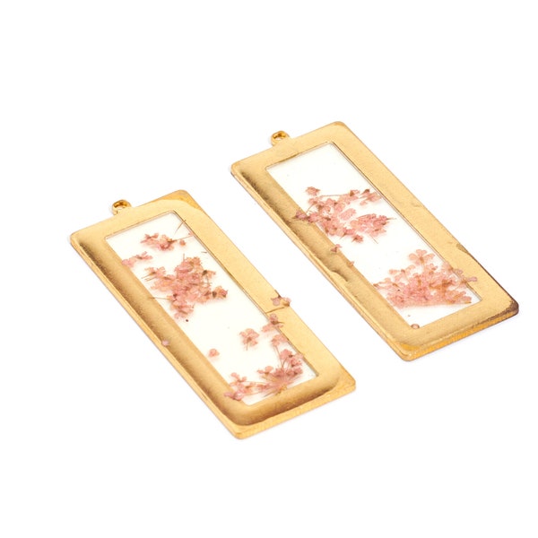 Resin Rectangle Earring Charm / Brass Tiny Real Flower Charm / Dried Flower Charm / Resin Dried Flower Earring and Pendant / Jewelry 40*15mm