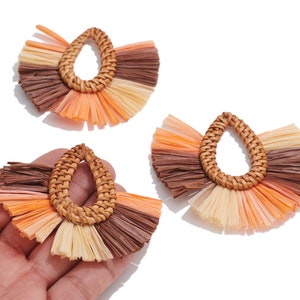 Handwoven Rattan Raffia Tassels Earrings / Handmade Rattan Drop Earrings / Wooden Straw Fan Earrings and Pendant / Handmade DIY 7671mm Brown
