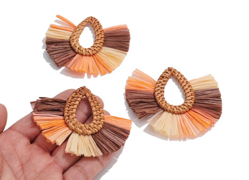 Handwoven Rattan Raffia Tassels Earrings / Handmade Rattan Drop Earrings / Wooden Straw Fan Earrings and Pendant / Handmade DIY 7671mm Brown