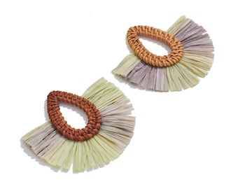 Handwoven Rattan Raffia Tassels Earrings / Handmade Rattan Drop Earrings / Wooden Straw Fan Earrings and Pendant / Handmade DIY 84*73mm