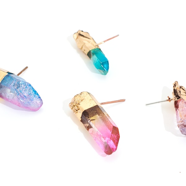 Crystal Tower Earring Stud / Rainbow Aura Quartz Crystal Stud / Gold Tone Plated / Purple Aura Quartz Crystal Earring Stud / DIY 27*10mm.