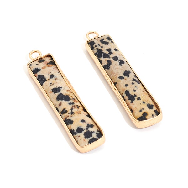 Dalmatian Jasper Bar Stick Pendant / Natural Stone Rectangle Pendant / Gold Tone Plated / Brass Frame Earring Charms / Gemstone DIY 45*10mm.