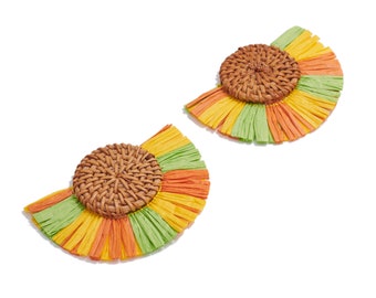 Handwoven Rattan Raffia Tassels Earrings / Handmade Rattan Round Earrings / Wooden Straw Fan Earrings and Pendant / Handmade DIY87*65mm