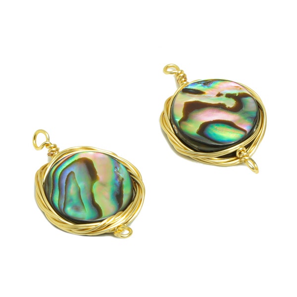 Wire Wrapped Round Abalone Connectors / Mother of Pearl Pendant / Brass Gold Pendant / Bracelet Making Connectors / Jewelry Supplies 21*14mm