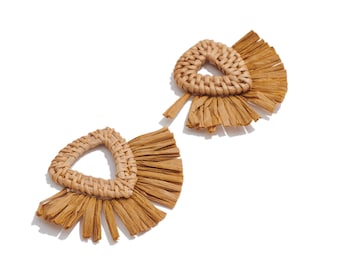 Handwoven Rattan Raffia Tassels Earrings / Handmade Rattan Triangle Earrings / Wooden Straw Fan Earrings and Pendant / Handmade DIY 73*57mm