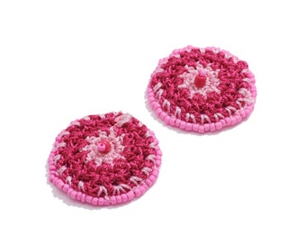 Handmade Crochet Earrings Charm / Knit Weaving Earring / with Beads / Boho Charm / Pink Flower Earrings and Pendant /Handmade DIY 37*37mm