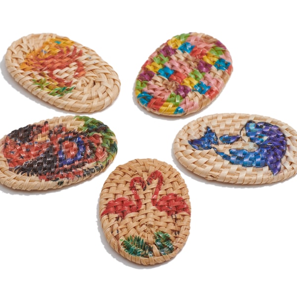 Handwoven Rattan Oval Earrings Charm / Handmade Rattan Lovely Pattern Decorate / Wooden Straw Colorful Oval Earrings and Pendant /DIY61*38mm