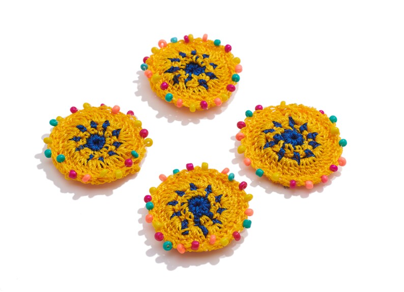 Handmade Crochet Earrings Charm / Knit Weaving Earring / with Beads / Boho Charm / Yellow Flower Earrings Beaded / Handmade DIY 3737mm image 2