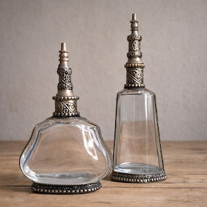 Vintage Glass & Brass Perfume Bottles – Moroccan Style Decorative Bottles, Set of 2, Vanity Decor, Antique Inspired