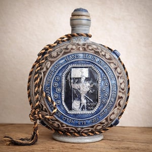 Antique Stoneware Flask 1910 – Swiss Ceramic Bottle – Vintage Canteen Blue Salt Glaze – Collectible Pottery
