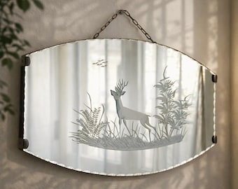 Vintage Engraved Mirror 17.3”, Deer Etched Glass Mirror, Beveled Frameless Wall Mirror, 44 cm