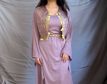 The Lilac Set Kurdish Traditional Dress Purple Shimmery Satin Dress with Flow Purple & Gold Shimmery Top Handmade by Kurdish Women FREE GIFT