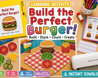 May include: A learning activity set titled Build the Perfect Burger featuring a yellow instruction booklet, a stack of challenge cards, blue scissors, a white laminator, and various paper burger ingredient cutouts including lettuce, tomato, and pickles.
