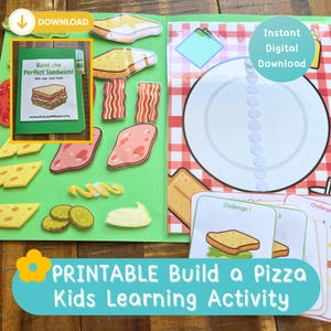 May include: A printable learning activity set featuring a green folder with cut-out sandwich ingredients like bread, bacon, ham, cheese, pickles, and condiments. Includes a red and white checkered mat with a plate graphic and challenge cards.
