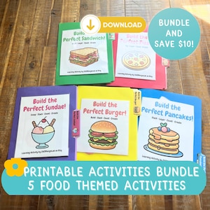 May include: Five colorful file folders containing printable food-themed learning activities. Each folder features a white label with a cartoon illustration of a sandwich, pizza, sundae, burger, or pancakes, along with the text Build the Perfect.