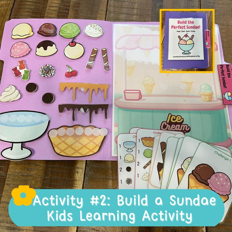 May include: A purple folder containing an interactive ice cream sundae activity with various paper cutouts of ice cream scoops, toppings, and a sundae dish. Includes challenge cards with instructions and a cover label reading Build the Perfect Sundae.