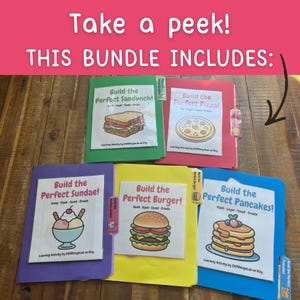 May include: A set of five colorful file folders, each featuring a learning activity sheet. The folders are green, red, purple, yellow, and blue, with printed titles like Build the Perfect Sandwich, Pizza, Sundae, Burger, and Pancakes.