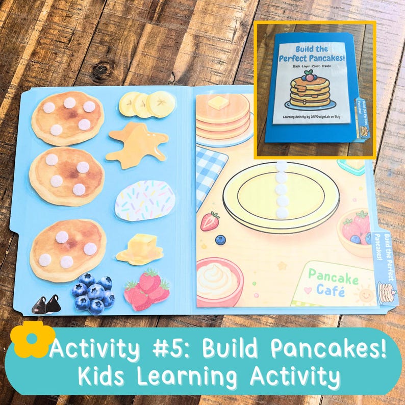May include: A blue file folder learning activity titled Build the Perfect Pancakes featuring a stack of illustrated pancakes, banana slices, syrup, butter, blueberries, strawberries, and whipped cream cutouts to place on a yellow plate graphic.