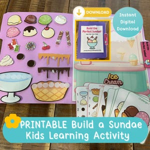 May include: A printable Build the Perfect Sundae kids learning activity featuring a purple folder with various ice cream scoops, toppings, and a sundae dish. Includes challenge cards, an ice cream shop graphic, and text reading Build the Perfect Sundae.