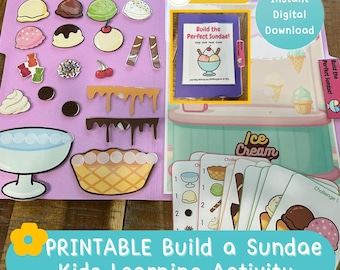 May include: A printable Build the Perfect Sundae kids learning activity featuring a purple folder with various ice cream scoops, toppings, and a sundae dish. Includes challenge cards, an ice cream shop graphic, and text reading Build the Perfect Sundae.