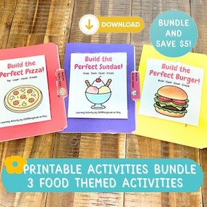 Peut inclure: Trois dossiers colorés en rose, violet et jaune, contenant chacun une activité d'apprentissage sur le thème de la nourriture. Les dossiers présentent des étiquettes pour Build the Perfect Pizza, Build the Perfect Sundae et Build the Perfect Burger.