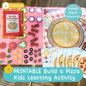 May include: A printable pizza-themed learning activity set featuring a pink board with various paper pizza toppings including pepperoni, tomatoes, green peppers, bacon, pineapple, and olives, alongside challenge cards and a pizza base.