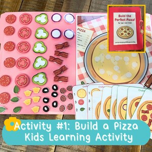 May include: A kids' learning activity set featuring a pink board with various pizza toppings including pepperoni, tomato slices, green peppers, bacon, pineapple, olives, and basil. Includes challenge cards and a red folder labeled Build the Perfect Pizza.